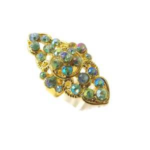 Green Rhinestone Cocktail Ring: Adjustable Vintage Party Bling