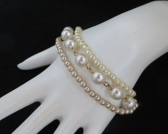 Bracelets vintage en fausses perles, blanc et crème, lot de 3