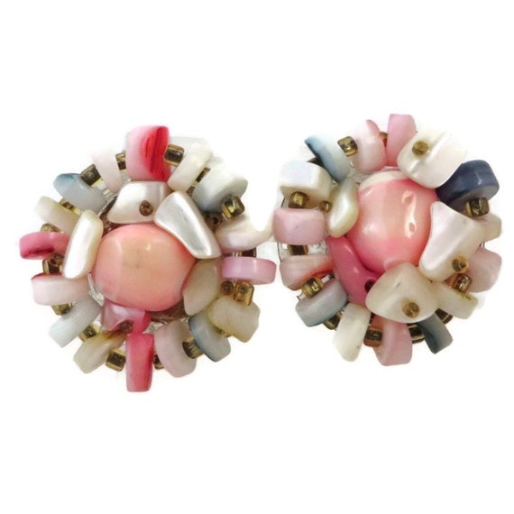 Pink Bead Cluster Earrings, Shells and Beads Clip… - image 1