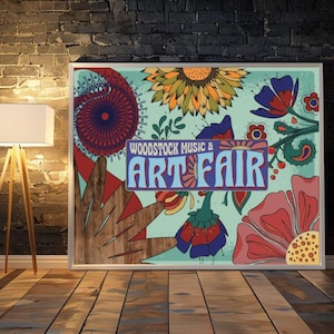 Stampa artistica da parete retrò della fiera musicale e artistica di Woodstock con decorazione floreale hippie e groovy, ispirata al vintage, anni '60
