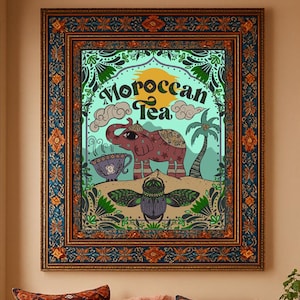 Poster Boho Elephant - Stampa da parete con motivo a tè marocchino con bordo botanico, sole del deserto, scarabeo e tazza da tè
