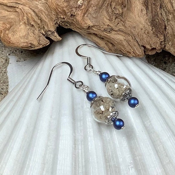 Cape Cod Sand Earrings Keepsake blown glass globe Swarovski Pearl Boho Stainless steel wire Sue DeYoung Designs