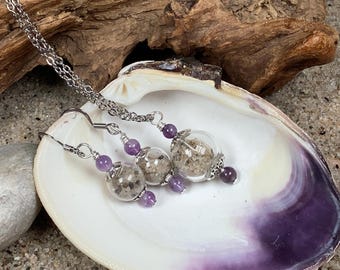 Cape Cod Sand Pebbles Necklace Earrings Keepsake blown glass globe Amethyst stones Boho Stainless steel wire Sue DeYoung Designs