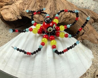 Beaded bug eyed red octopus ornament funny beach gift desk buddy house warming special gift Sue DeYoung Designs love my octopus desk pet