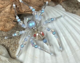 OOAK Cape Cod Sand Sea Glass Stones Shell Christmas Spider Blown Glass ornament Gift Nautical