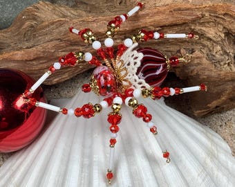 Mrs Claus Granny White Lace Christmas beaded spider ornament decoration OOAK Sue DeYoung Designs Holiday Gift Grandmother Gift