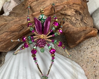Whimsical Frog in Flower Tulip Beaded Christmas Spider Ornament gift frog lover Frog car charm tree decor Sue DeYoung Designs