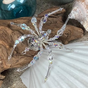April Birthstone Crystal Beaded Christmas Spider Silver Filigree AB Austrian Crystal Czech Fire Polished Ornament Sue DeYoung Best Seller