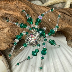 May Emerald Green Color Birthstone Christmas Spider Silver Filigree ornament Birthday gift Car Charm secret Santa gift plant hanger decor