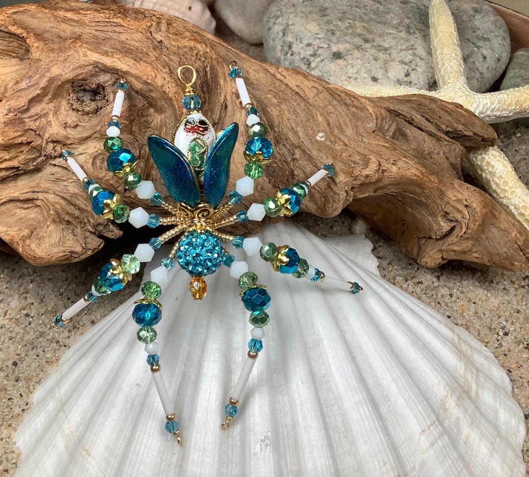 Whimsical Frog in Flower Tulip Beaded Christmas Spider Ornament Gift Frog Lover Frog Car Charm