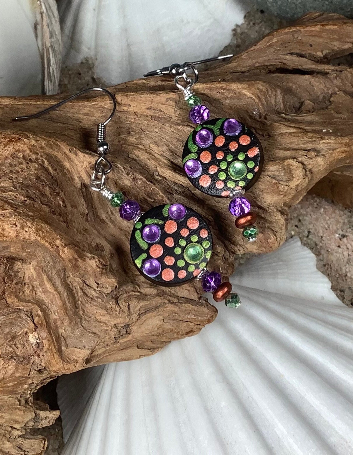 OOAK Hand Painted Mandala Earrings Stainless Steel Boho Hippie Gift