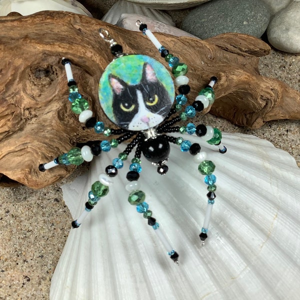 Hand Painted Tuxedo Cat Original Beaded Spider Ornament Gift Cat lover Feline Purrfect Gift Sue DeYoung Designs plant hanger