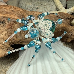 Lace Christmas Spider Ornament: Aqua Blue Glass Beaded Decoration
