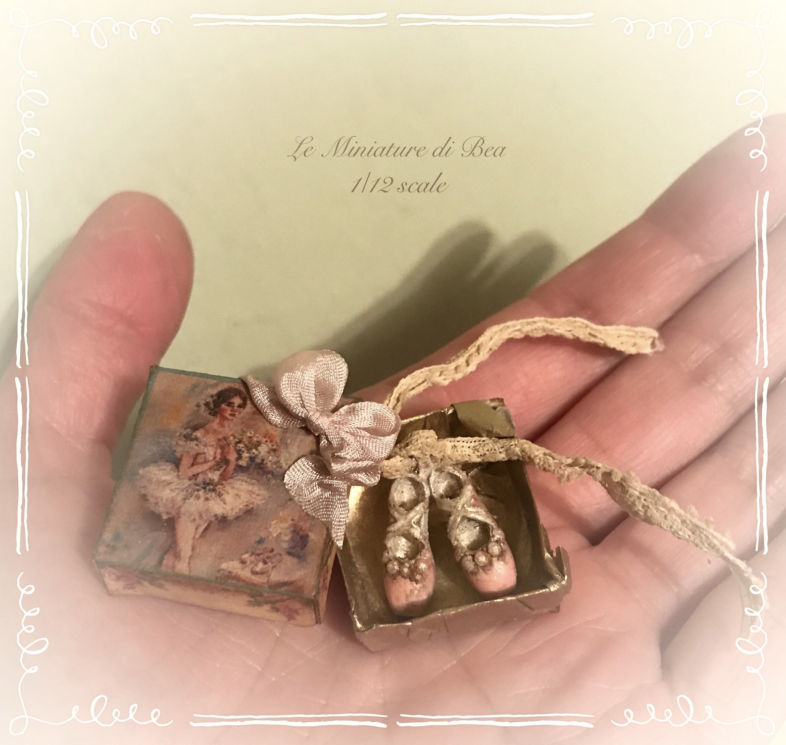 1/12 victorian box with ballet shoes, dollshouse miniature hand made by bea antiche french style. 1/12 victorian box with ballet shoes, dollshouse miniature hand made by bea antiche french style.
