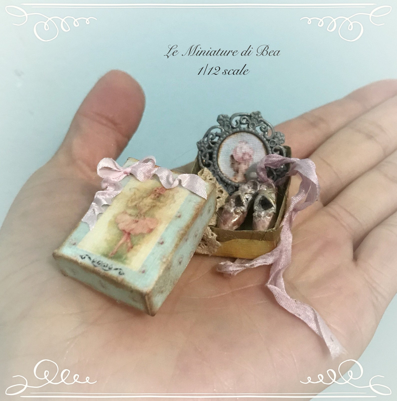 1/12 victorian box with ballet shoes and lady picture dollshouse miniature hand made by bea antiche french style.