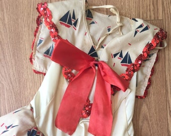 Vintage Little Girl Sailor Costume, Red, White and Blue with Sequin and Ribbon Accent, Beach Nursery, Little Girls Room, Sailor Decor