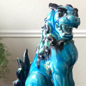 Micentury Asian Blue Foo Dog Statue Green Dog Ceramic Statue Japanese Shishi Dog Art Feng Shui Statue MCM Unique Asian Art Made in Japan