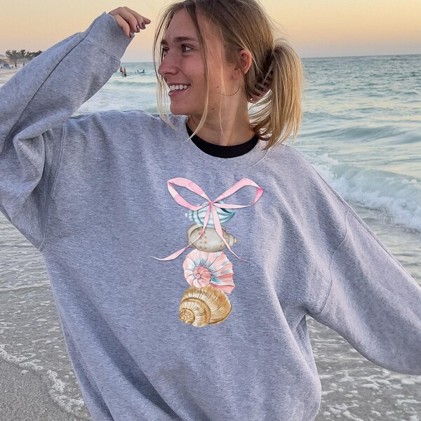 Stacked Sea Shells with Bow Sweatshirt, Beach Vibe Sweatshirt, Summertime Bows, Shells with Bow, Oversized Beach Sweatshirt, Summer Bow