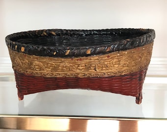 Antique Thai Lacquered Woven Bamboo Offering Basket with Mirrors, Black and Red Lacquer with Gold, Footed Bamboo Basket, Asian Decor