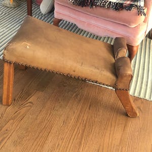 Antique Leather Footstool English Leather Foot Stool Antique Footrest Leather Decor Sloped Ottoman Gout Stool Medical Brass Nailheads