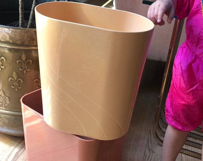1980's Post Modern Peach Trash Can With Waves, Curvy Lines Trash Can ...