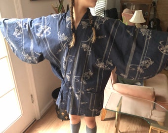 Vintage Kid Kimono, Authentic from Japan circa 1970s, Child's Kimono, Dark Blue with Parasols, Vintage Kimono,