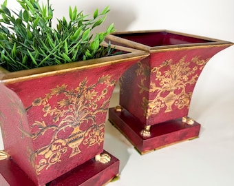 Vintage Chinoiserie Cachepot Pair Burgundy Gold Planters Hollywood Regency Jardiniere Orchid Pots
