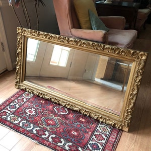 Antique Beveled Mirror within Carved and Gesso Wooden Frame Antique Gold Wooden Mirror Large Portrait Mirror Fireplace Mirror