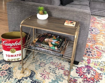 Mid Century Modern Gold Tone Metal Wire Side Table with "Wood" Top, Magazine Rack, 1950's/60's Furniture