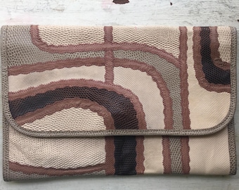 Vintage Brown Leather Purse Exotic Snake Skins Handmade Purse 1970s Bag Hand Stitched Textured Calf Sin Bag Boho Carlos Falchi Clutch Night