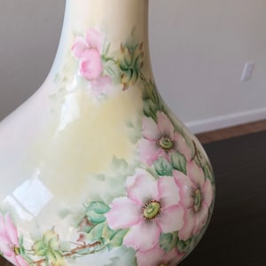 Floral Lamp Brass Base Floral Painted Lamp Handpainted Porcelain Lamp Mid Century Decorations 1940s Lamp Art Pink Flowers Vine Buntin Signed