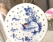 Rare Antique Blue Ironstone Drainer and Mezannine Strainer with Ships and Port, Harbor, Transferware, Holes, Meat, Fish, Charming