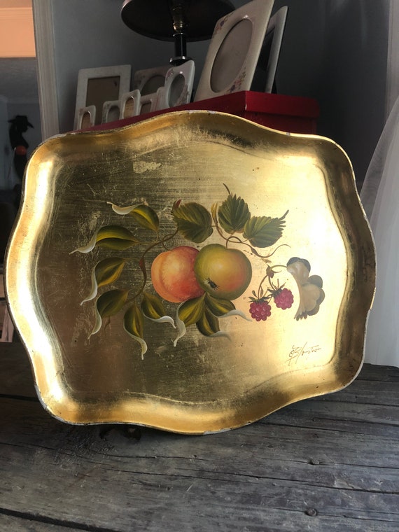 Hand Painted Artist Signed Gold Serving Tray, Alcohol Proof Serving Tray with Fruit, Florentia Style, Dresser Vanity, Hanging Tray