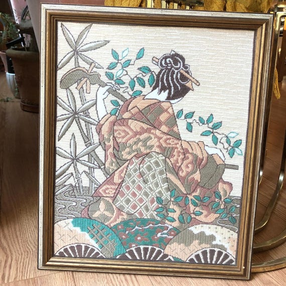 Vintage Japanese Geisha Crewel Needlework  Framed Artwork Excellent Craftsmanship Cross Stitch Needlepoint Elegant