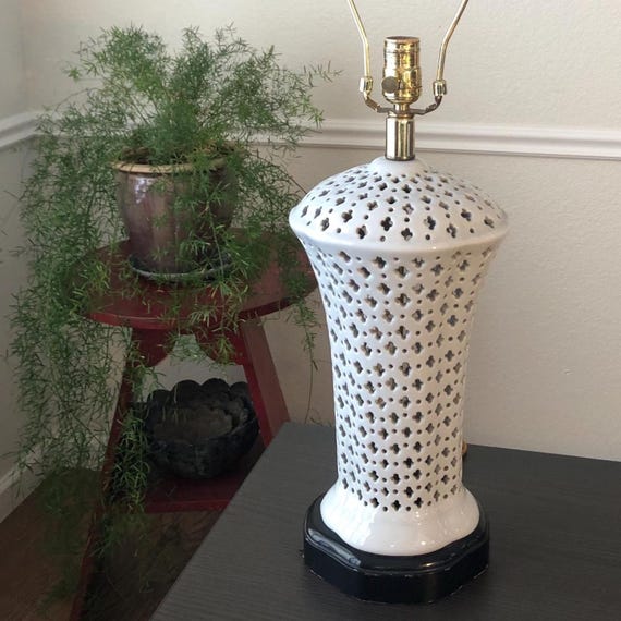 White Ceramic Table Lamp White Bedroom Decor Lamp Porcelain Table Lamp Pierced Lamp Asian Ginger Jar Lamp Blanc de Chine Lamp Chinoiserie