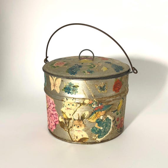 Whimsical Vintage Tin Pail with Handle Decoupage Bunny Floral Graphics Cottagecore Decorative Storage Bucket Vintage Easter Decor