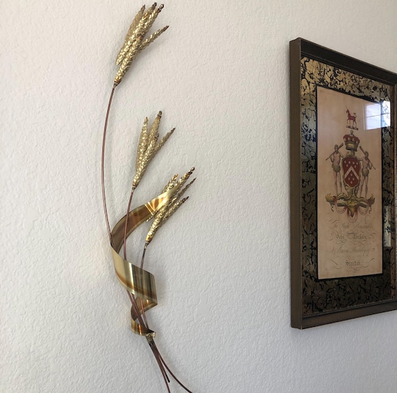 Midcentury Modern Brass Wheat Sculpture Wall Hanging Art MCM Gold and Copper Finish Decorative Floral Art Unique Home Decor