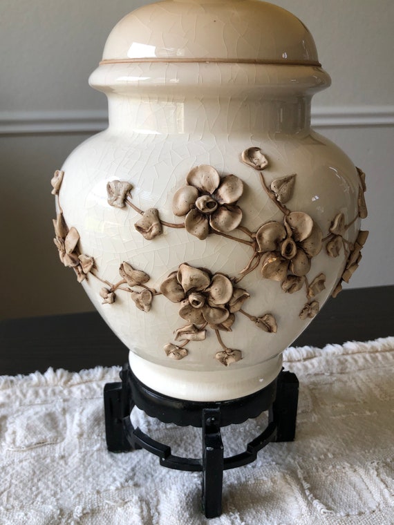 Asian Lamp Ceramic Flowers Floral Relief Ginger Jar Lamp Crackle Urn Lamp Black Carved Wood Stand Heirloom Style Blossom Lamp Accent Vintage