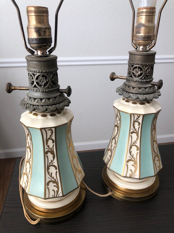 French Lamps Antique Bedroom Lamp Pair Oil Lamp Converted Blue White Lamp Gold Accents Original Finials Matching Shades White Ceramic Lamp
