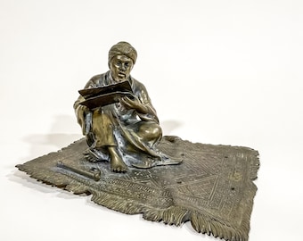 Antique Orientalist Bronze Scholar Sculpture Vienna Bronze Style Figurine Entryway Decor Library Old World Decor Figure on Rug