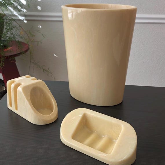 Elegant Vintage Beige Marble Bathroom Set  Wastebasket Toothbrush Holder and Soap Dish Warm Tones Timelessness Upscale Bathroom