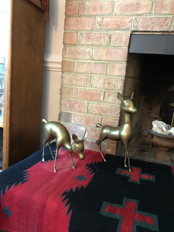 Set of 2 Large Brass Deer, 1970's Brass, Hollywood Regency, Mid-Century Modern, Bambi Statues, Hearth Decor, Christmas Winter Decor