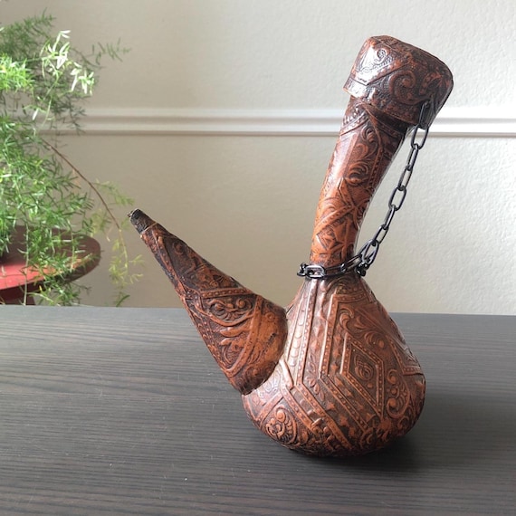 Spanish Made Leather Wine Decanter Don Quixote Sancho Panza PORRON Tooled 1960s Sixties MidCentury