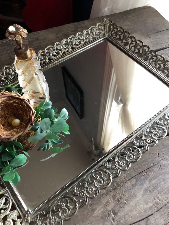Ornate Silver Rectangular Lace Mirror Tray with Filigree Design Decorative 1950s Vintage  Elegant Useful Centerpiece