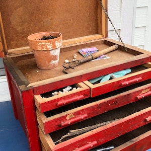 May include: A vintage red wooden toolbox with multiple drawers and a hinged top. Inside, a terracotta pot with soil sits next to gardening tools and a packet of seeds. The drawers are open, revealing various gardening supplies.