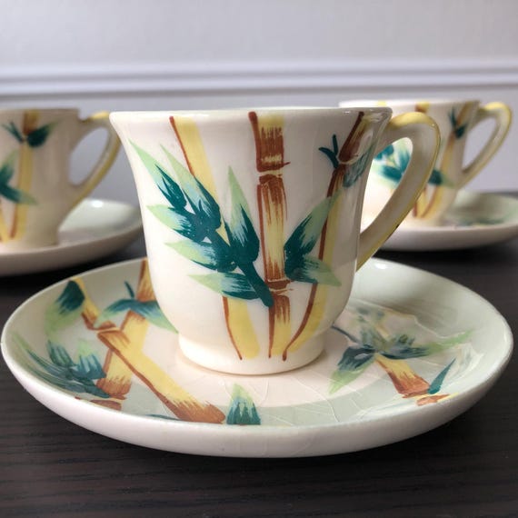 Vintage Weil Ware Tiki Tea/Coffee Cups and Saucers Malay Bamboo Pattern Tea Set Set of 12 6 Saucers 6 Plates MidCentury Kitchen