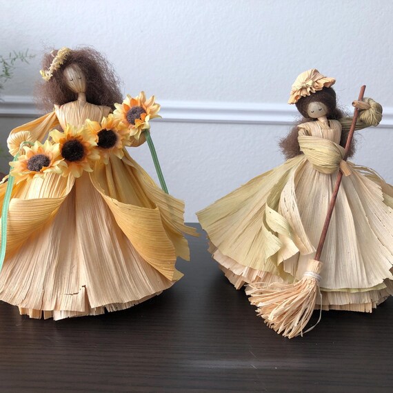 Corn Husk Doll Collection Sold Individually Sunflowers Sewing quilt Sweeping Purple dress/Eggs in Basket Holding a Pie