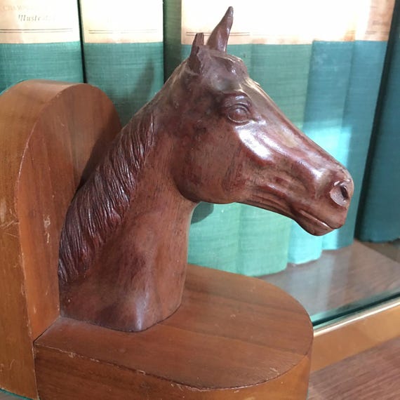 Mid Century 6” Wooden Equestrian Bookends  Hand Carved Pair Horse Head Beautiful Horse Decor Bibliophile Books Office Elegant