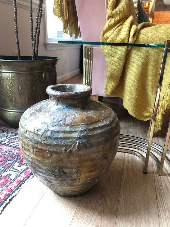 Large Ribbed Greek Vessel, Terracotta Olive Oil Jar, Grecian Urn, Decorative Pottery Garden Container, Pot Planter, Glazed Jug/Jar