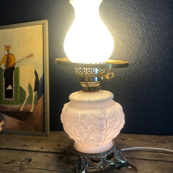 Vintage Fenton 3-Way Milk Glass Hurricane Lamp - Gone with the Wind Style Base with Hobnail Glass Top, 1950s, Fifties, Delightful
